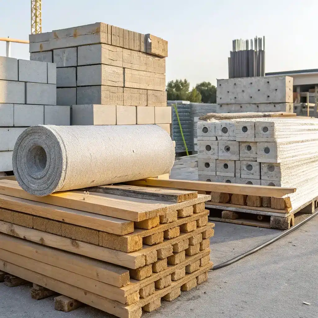 A collection of construction materials including wooden planks, concrete blocks, and a roll of insulation on a construction site.