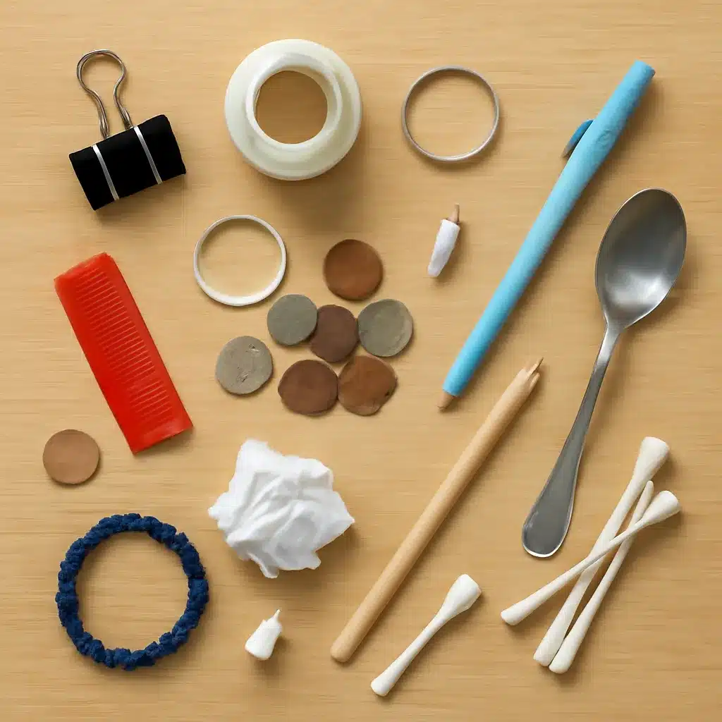 A collection of assorted objects including a red comb, bottle cap, pen, spoon, binder clip, paper coins, cotton swabs, round wooden objects, rubber band, pencil, and crumpled tissue paper, neatly arranged on a wooden surface.