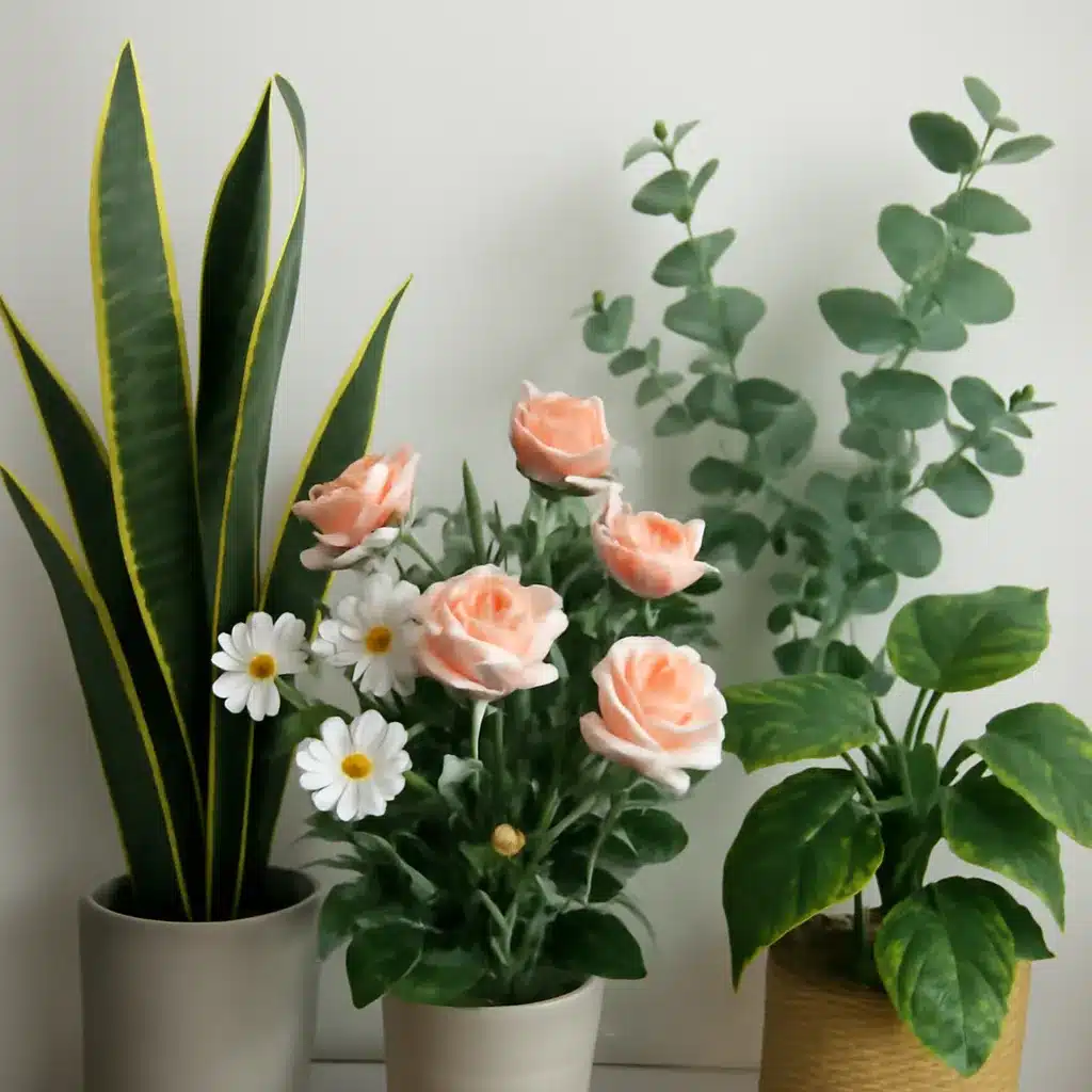 A collection of artificial plants in varying pots including snake plant, pink roses, daisies, and other greenery.