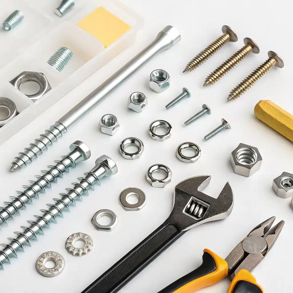 An assortment of screws, nuts, washers, a wrench, and other small hardware tools on a white background.