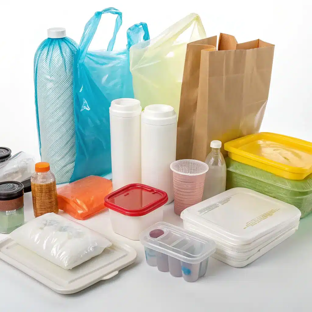 A collection of various packaging materials including plastic bottles, bags, containers, and paper bags.