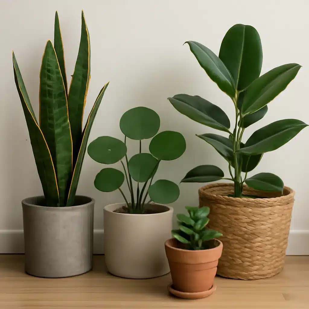 A group of various potted plants including snake plant, pilea peperomioides, and rubber plant displayed on a wooden floor against a cream wall.