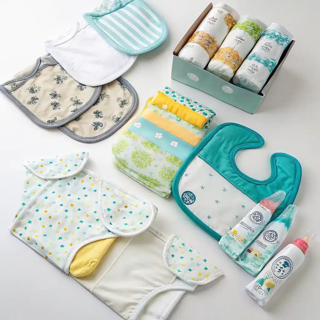 A baby gift set including bibs, onesies, burp cloths, and baby care products.