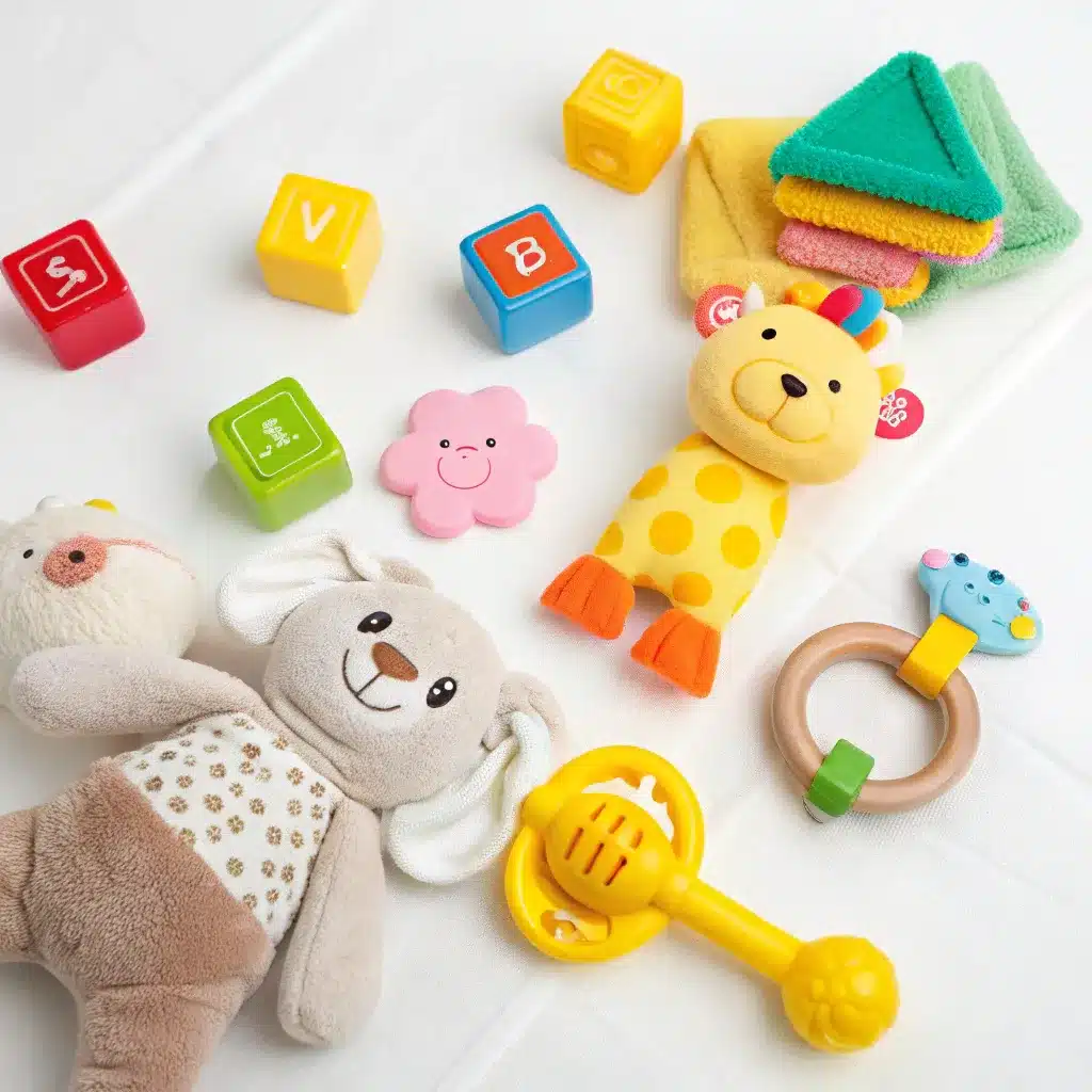 A collection of colorful baby toys including plush animals, rattles, stacking blocks, and fabric shapes on a white background.