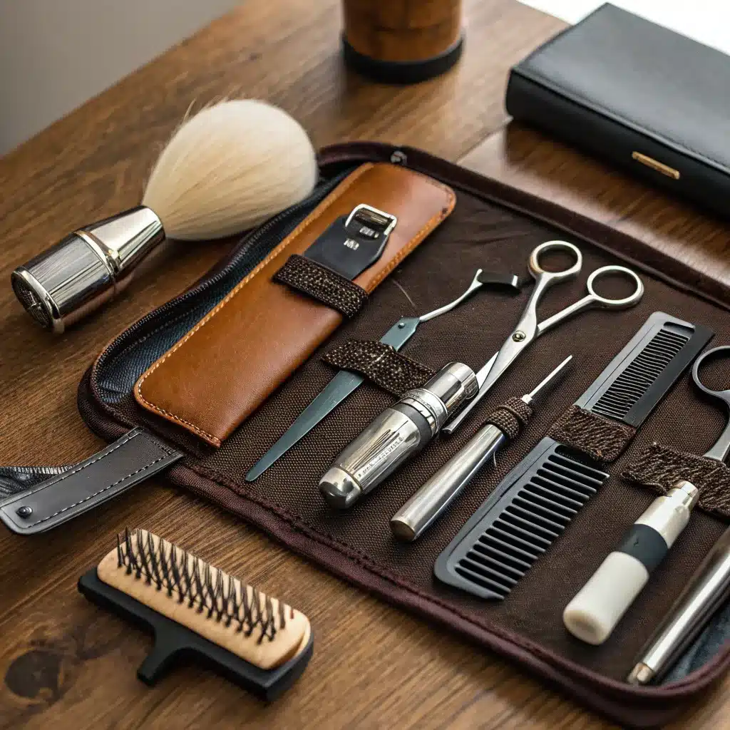 A neatly arranged barber grooming kit featuring various tools including scissors, combs, and a brush, laid out on a wooden surface.