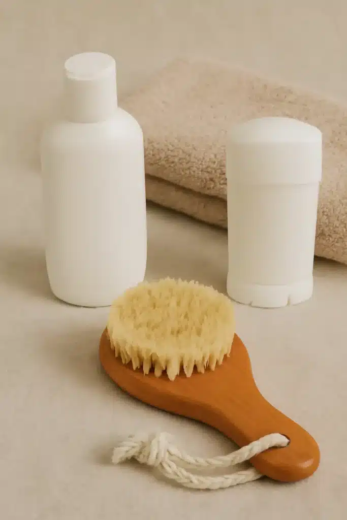 A beige towel, lotion bottle, deodorant stick, and a wooden body brush on a neutral surface