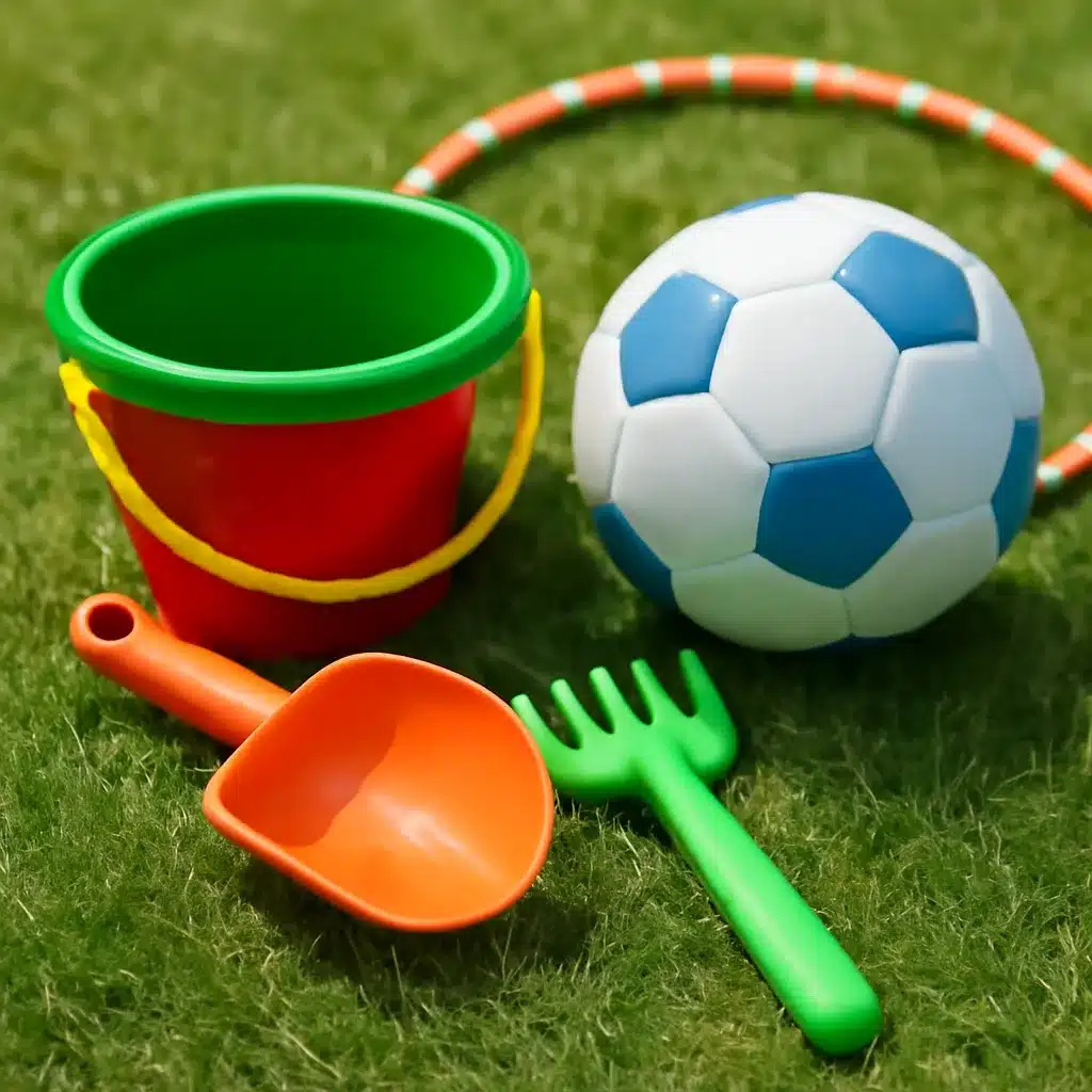 Children's beach play set with a red bucket, green rake, orange spade, and a blue and white soccer ball on grass.