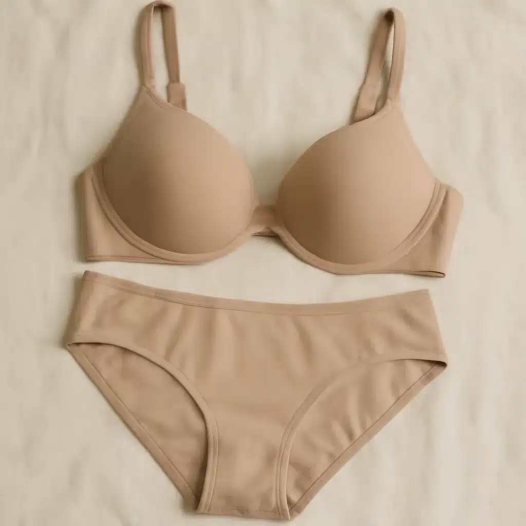 A beige underwear set consisting of a bra with adjustable straps and matching panties.