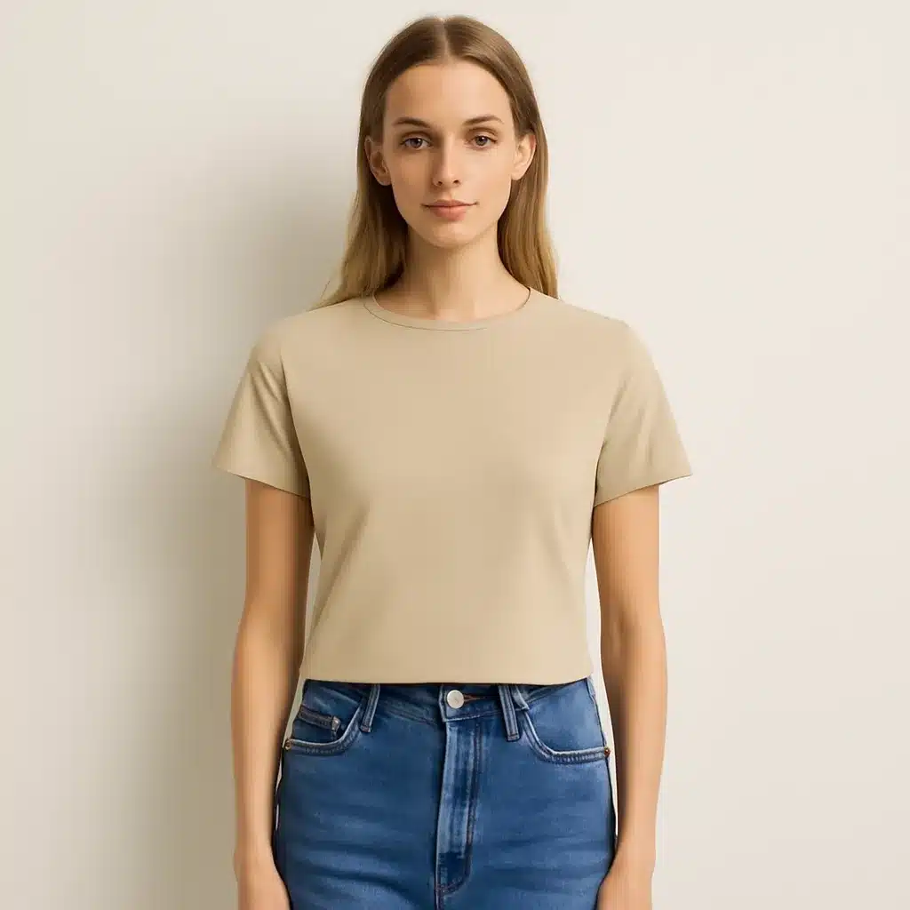 Person wearing a beige t-shirt paired with blue jeans, standing against a neutral background.