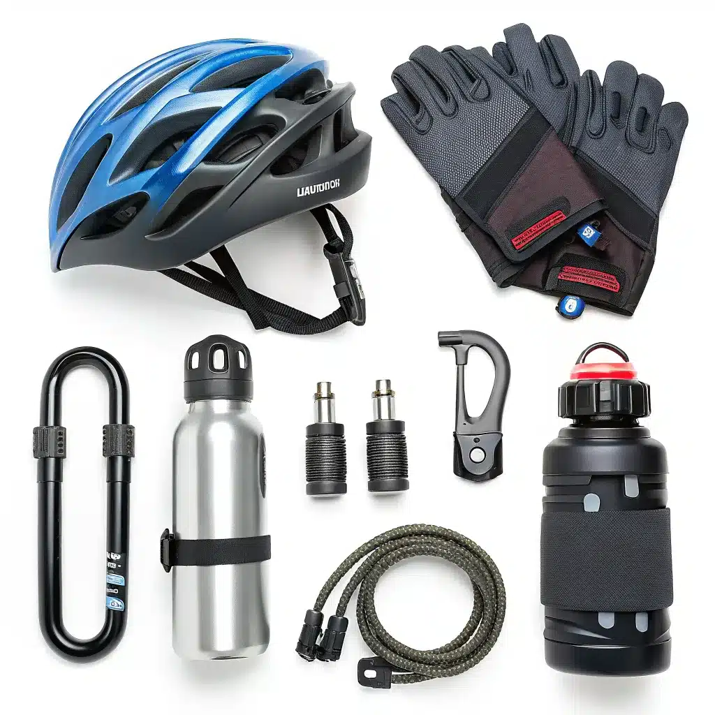 A flat lay of cycling gear including a blue helmet, gloves, U-lock, metal water bottle, two tire valves, a combination plier, a rope lock, and a black water bottle.