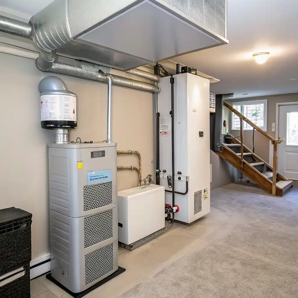 Image of a boiler room with various heating equipment including a furnace, boiler tank, and ventilation ducts, in a residential setting.