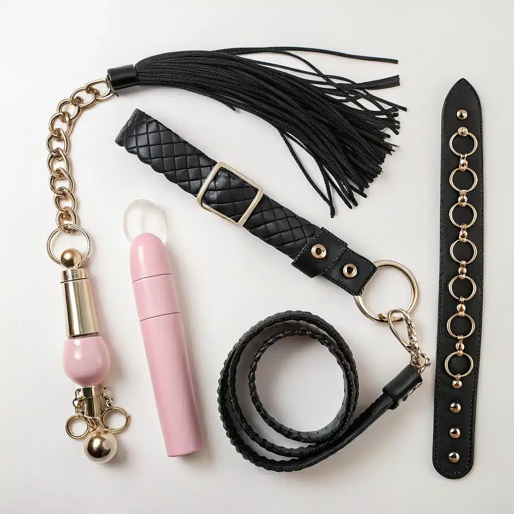 A bondage set featuring various accessories including a leather whip, collar, cuffs, and a pink vibrator.