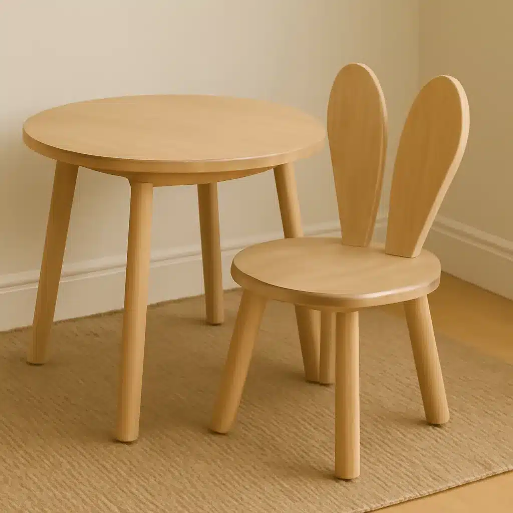 Wooden round table and bunny-themed chair with rabbit ear shaped backrest on a beige mat