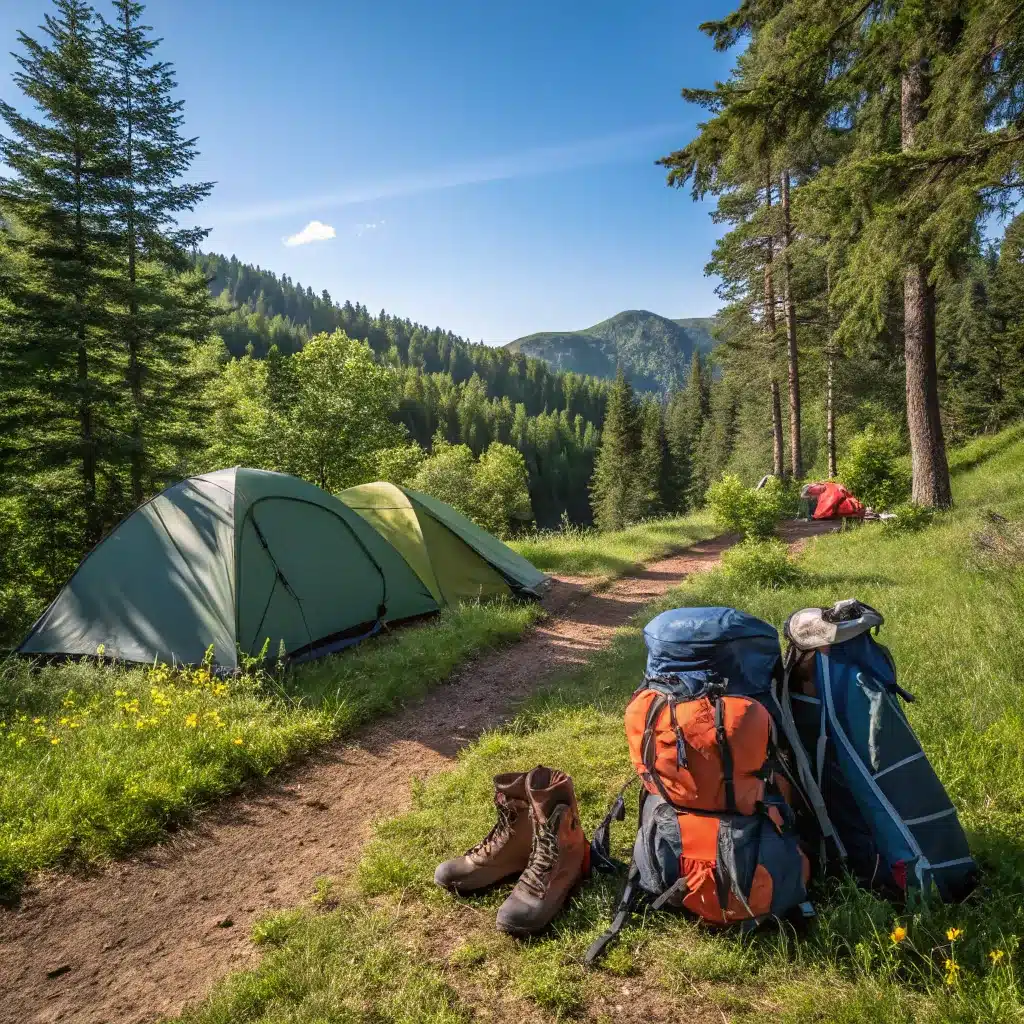 Camp setup with tents and backpacks in a forested mountain area under a clear blue sky