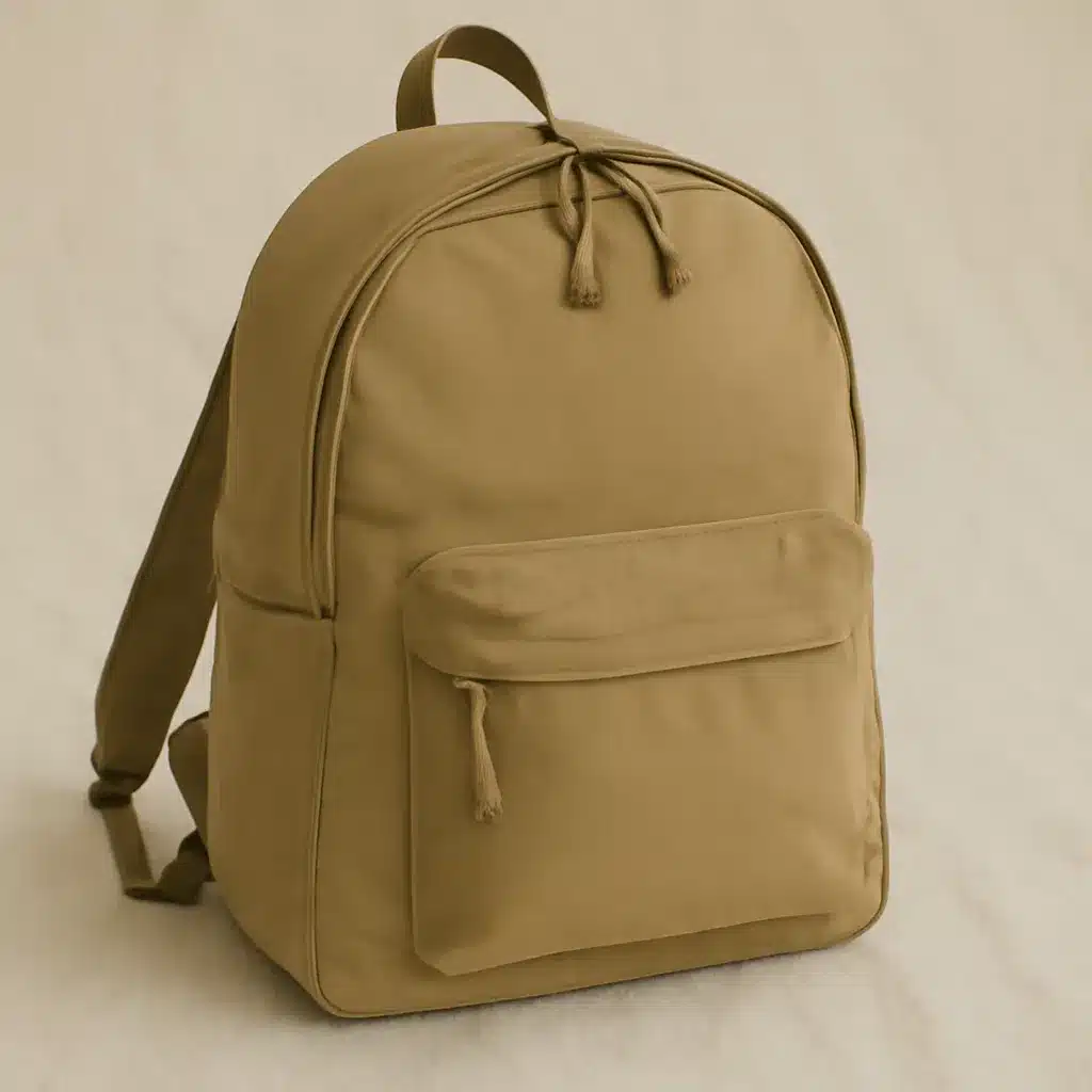 A simple beige canvas backpack with a front pocket