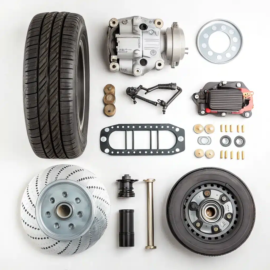 A collection of various car parts including a tire, brake components, and engine parts laid out on a white background.