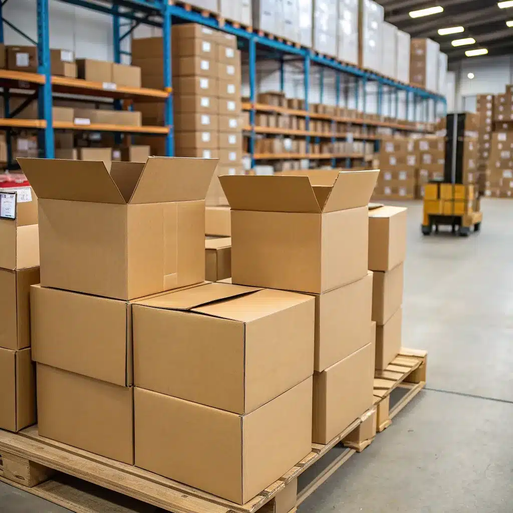 Stack of open and closed cardboard boxes on a pallet in a large warehouse with shelves in the background