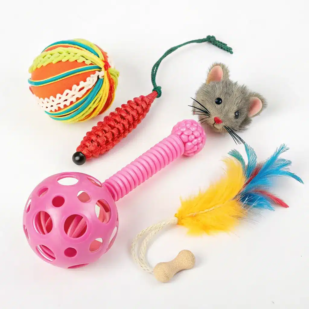 A collection of colorful cat toys including a yarn ball, a toy mouse, a pink perforated ball on a stick, a feather toy with a rope and a small bone segment.