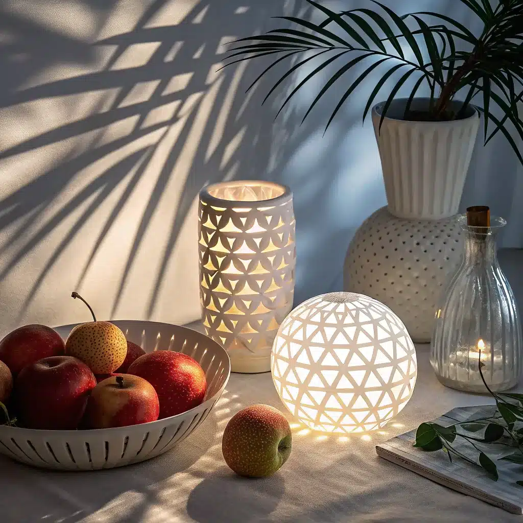 A warmly lit scene featuring a bowl of apples, two ceramic lamps with geometric cutouts emitting soft light, a potted palm, and decorative elements casting shadows on a wall.