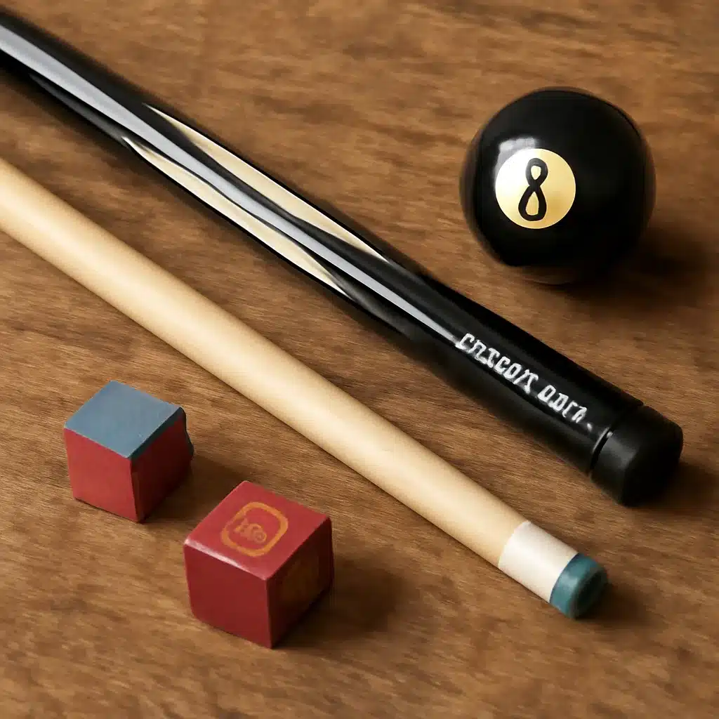 A pool kit consisting of a black cue stick, an eight ball, a wooden cue shaft, and red and blue pool chalk cubes placed on a wooden surface.