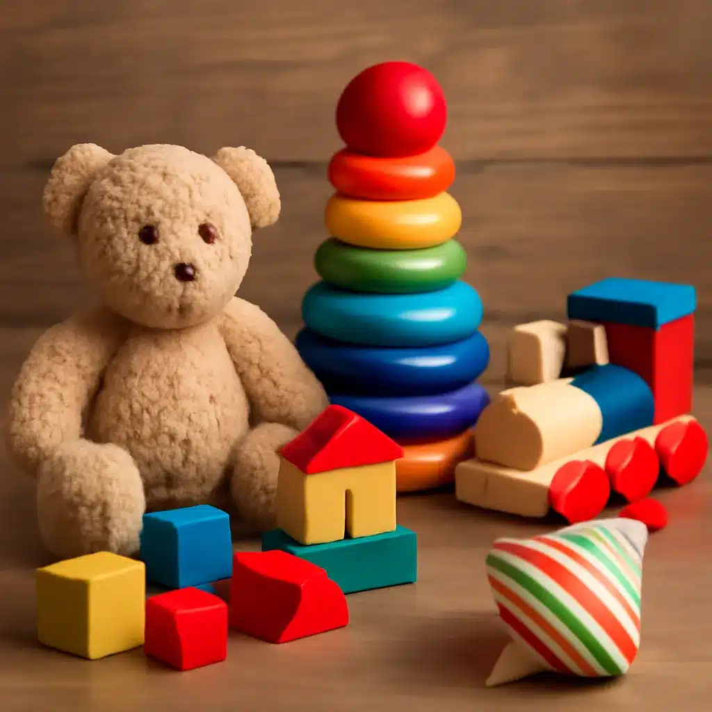 A collection of toys including a teddy bear, colorful stacking rings, a wooden train, and various geometric blocks.