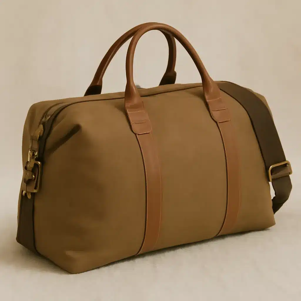 Brown duffel bag with leather straps and a shoulder strap.