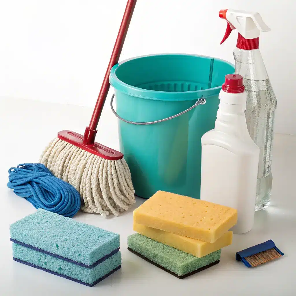 A variety of cleaning supplies including a mop, bucket, sponges, spray, and cleaning liquids.