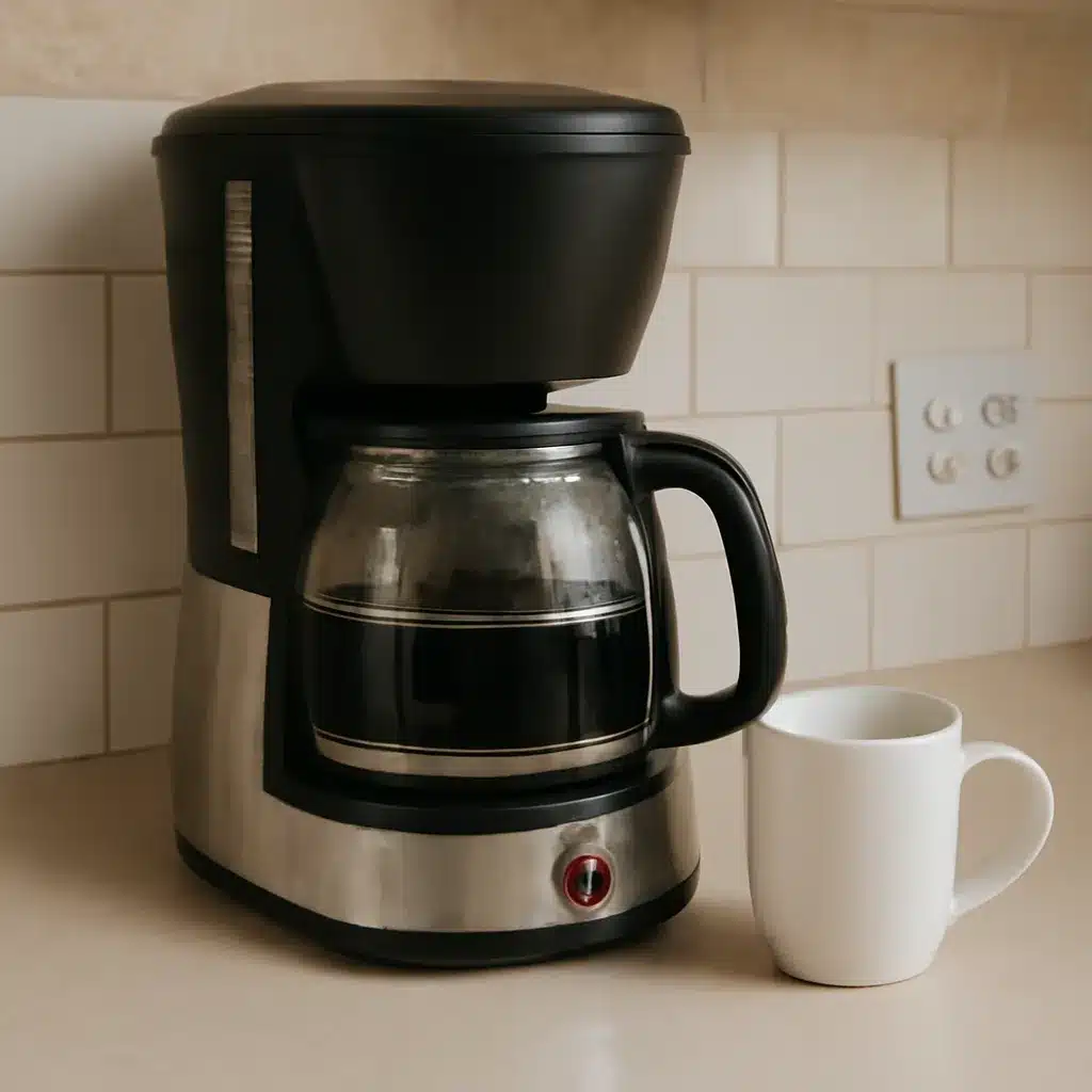 A coffee maker with a glass carafe filled with freshly brewed coffee, sitting next to a white mug on a kitchen countertop.