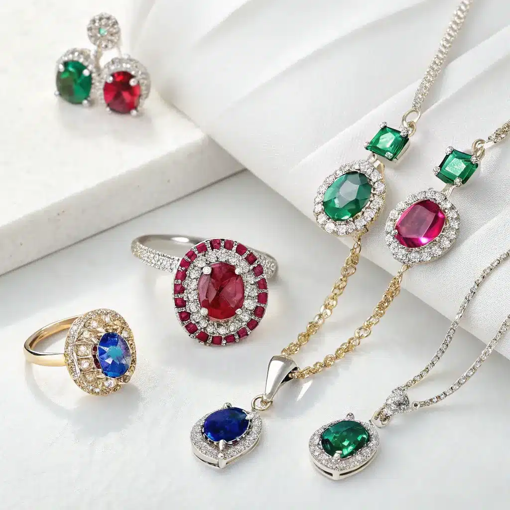 An assortment of elegant jewelry pieces, including rings, earrings, and necklaces, adorned with colorful gemstones such as ruby, emerald, and sapphire.