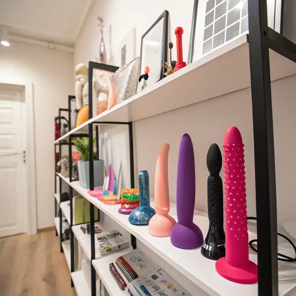 A variety of colorful dildos displayed on a white shelf in a well-lit room, along with books and decorative items.