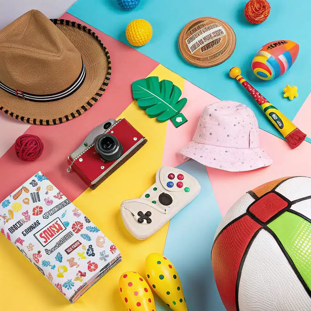 A brightly colored geometric background with various objects including a hat, camera, toy controller, beach ball, and pink hat.