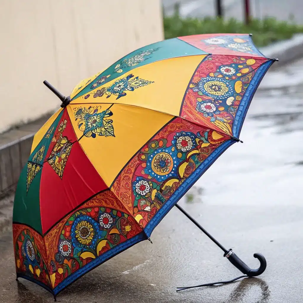 A vibrant umbrella with yellow, blue, green, and red sections featuring intricate designs, lying open on a wet pavement.