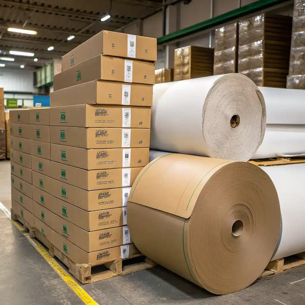 Stacks of boxed paper products and large rolls of paper in a warehouse setting.