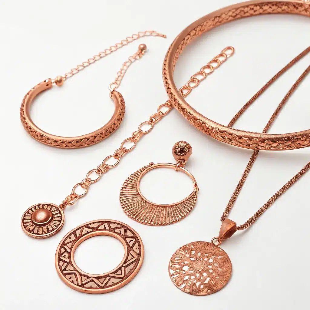 A set of copper jewelry including bracelets, necklaces, and earrings on a white background.