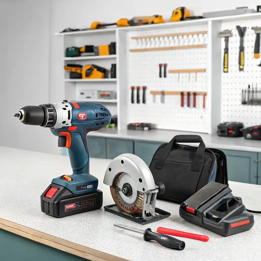 A cordless drill and various tools displayed on a workbench in a workshop.