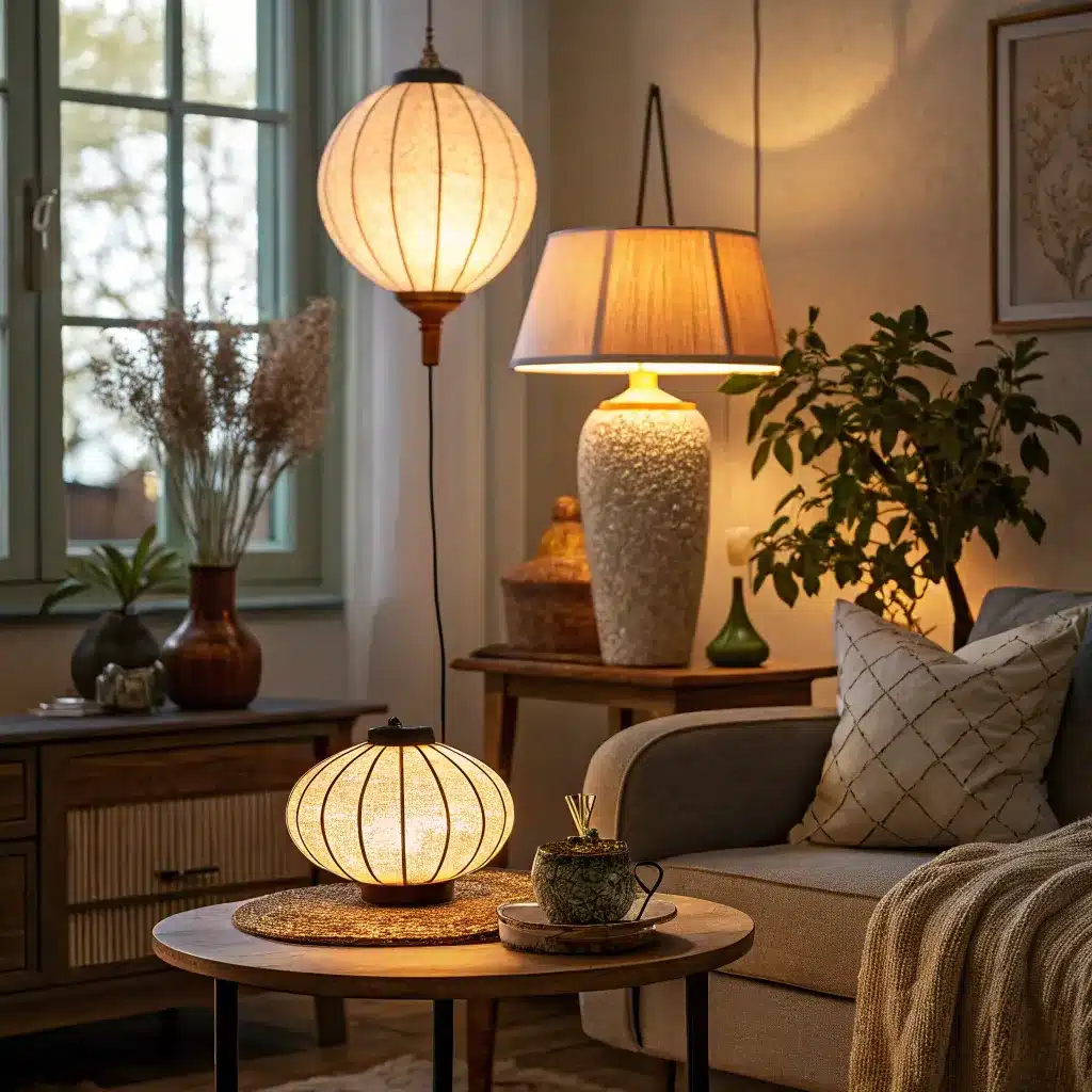 A cozy living room with two illuminated lamps, a comfortable couch, a plant, and a coffee table with a cup.