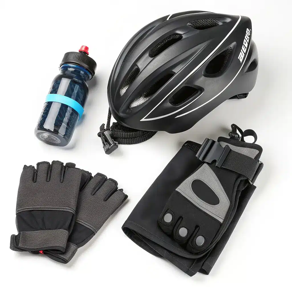 Collection of cycling accessories including a black helmet, gray gloves, a black and blue water bottle, and folded black fabric with buckles.