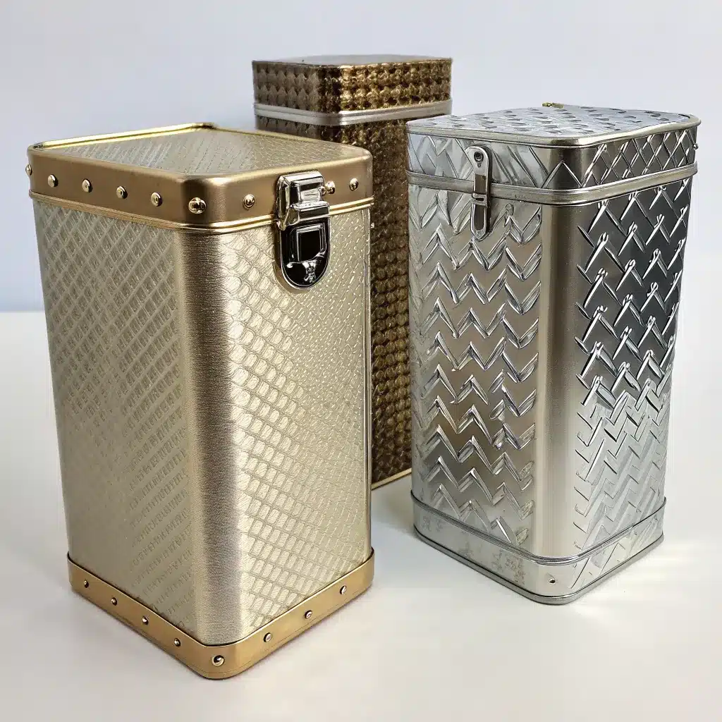 Three decorative metal containers with various textured designs in silver, gold, and brown colors.