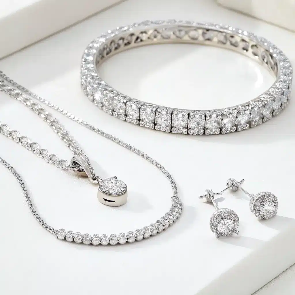 A set of diamond jewelry including a bracelet, necklaces, and earrings displayed on a white surface.