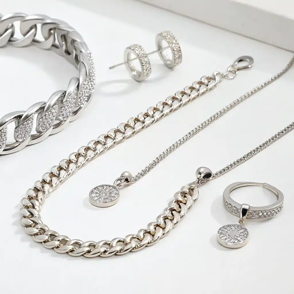 A collection of silver jewelry including a chain bracelet, hoop earrings, a necklace, and a ring, all embedded with small diamonds.