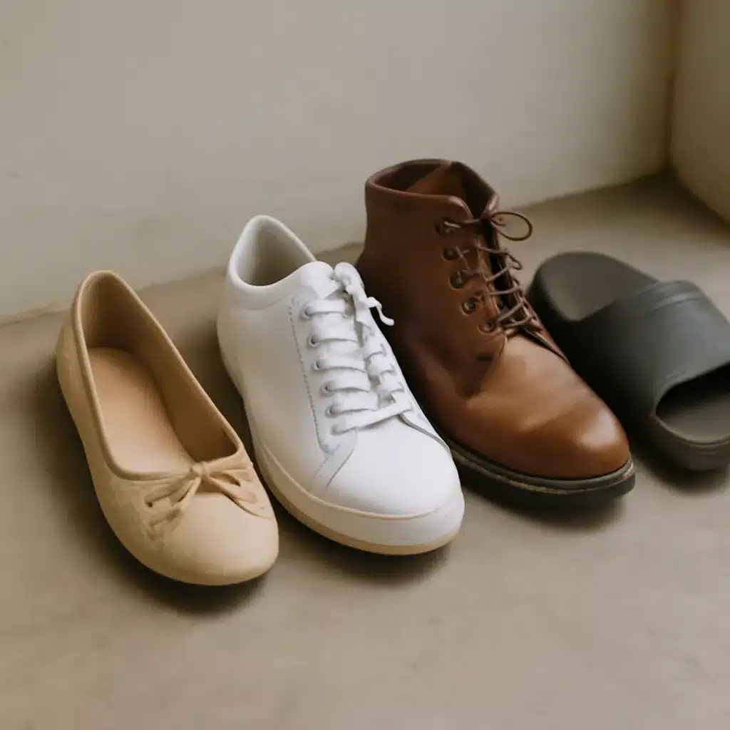 A lineup of different types of shoes including a ballet flat, a white sneaker, a brown lace-up boot, and a black slide sandal.