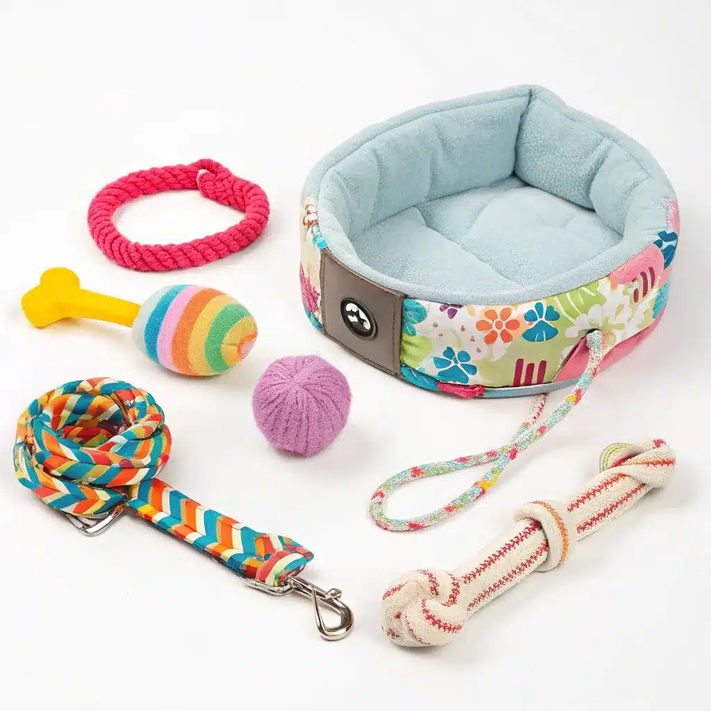 A colorful set of dog accessories including a bed, rope toys, a collar leash, a toy bone and a ball.