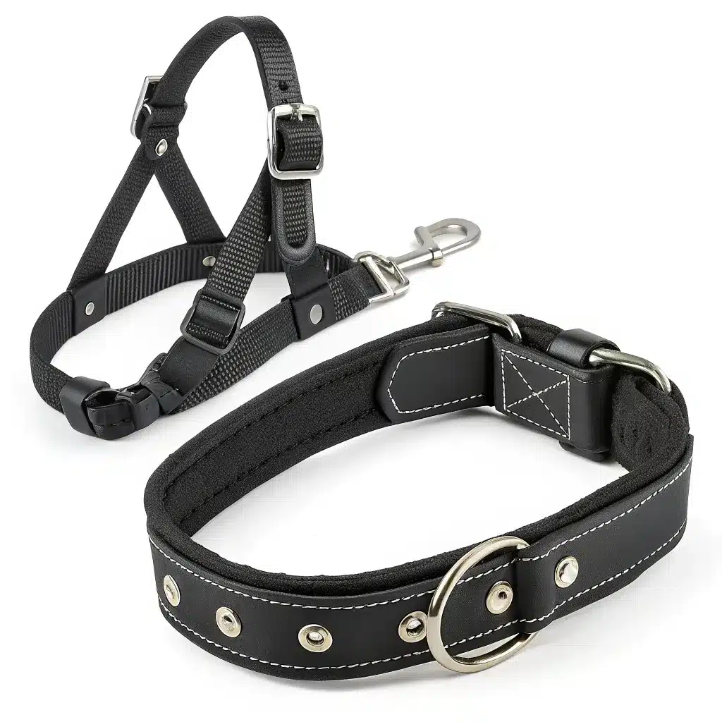 A black nylon dog collar and harness set with metal buckles and stitching.