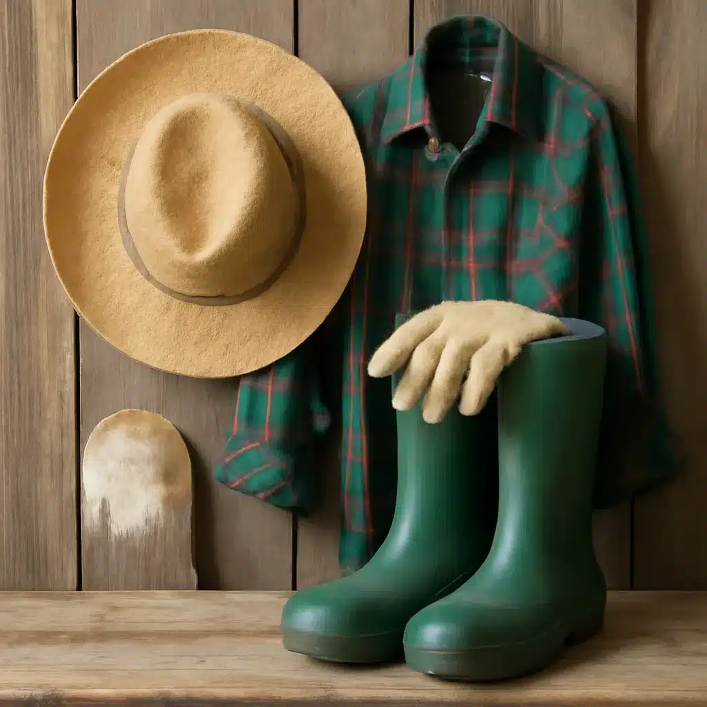 A beige hat, plaid shirt, green rubber boots, and gloves arranged on wooden background.