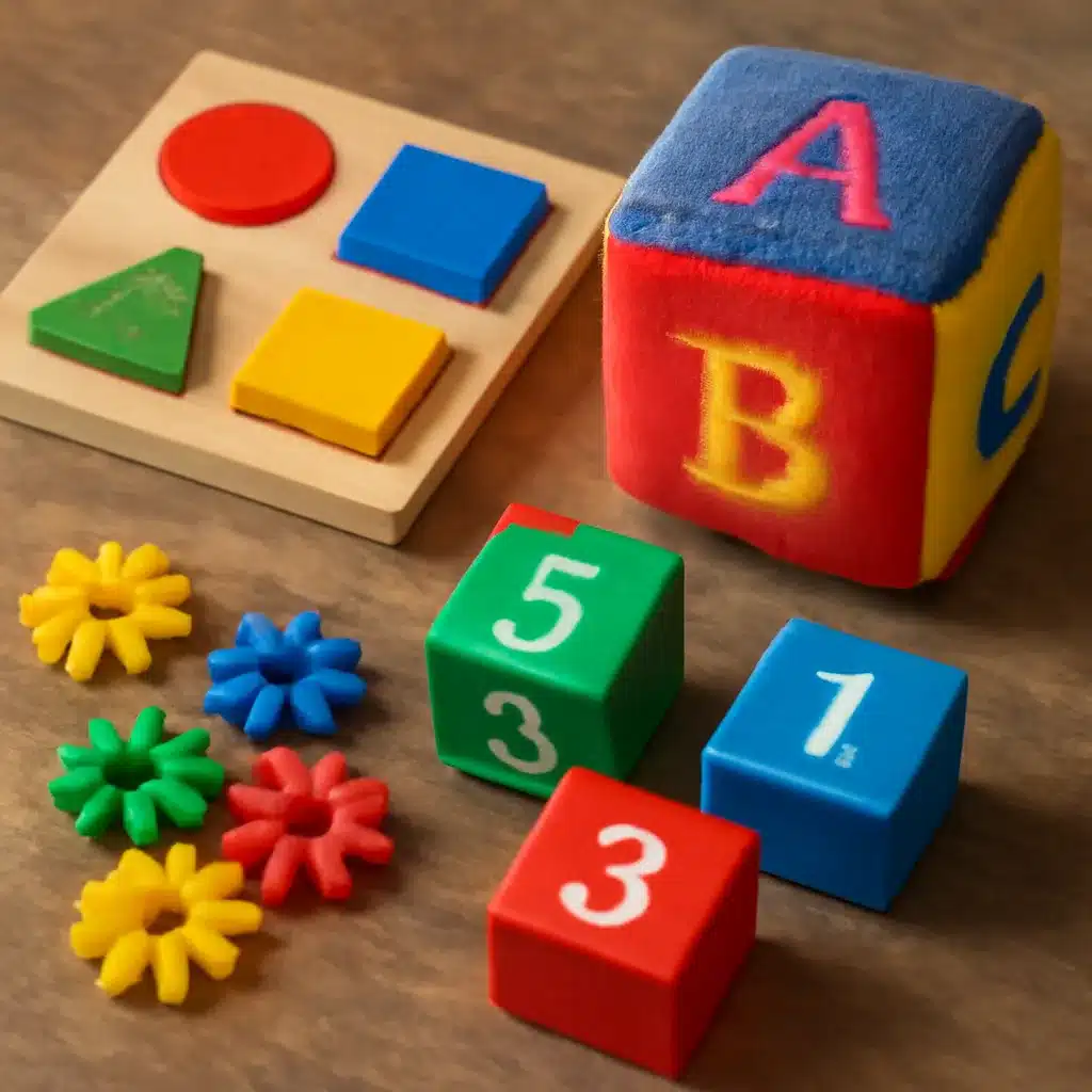 Various educational toys including a shape sorter, a plush alphabet cube, numbered blocks, and flower-shaped pieces on a wooden surface.