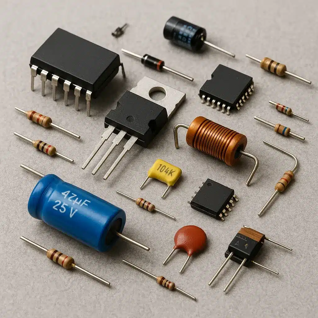 A collection of various electronic components including resistors, capacitors, and integrated circuits.