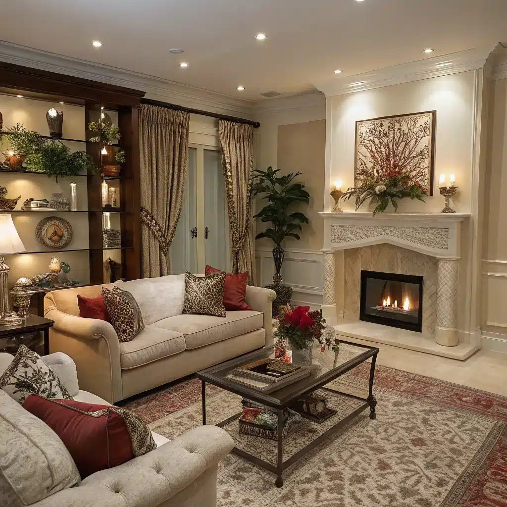 An elegant living room featuring a cozy seating area with beige sofas adorned with red and patterned pillows, a decorative fireplace with a lit fire, and a coffee table with a flower vase. The room has luxurious curtains, shelves with decor items, and warm lighting.