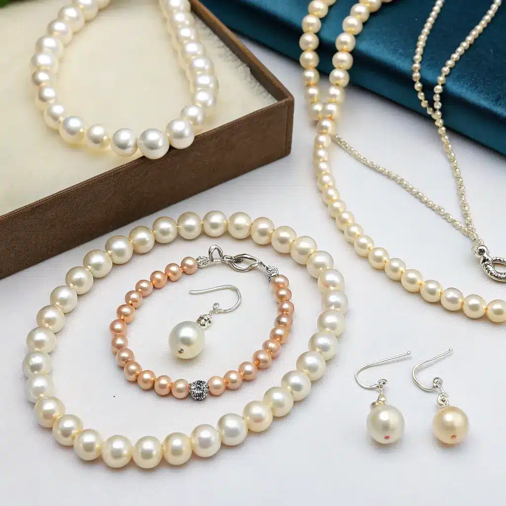A collection of elegant pearl jewelry including necklaces, bracelets, and earrings, displayed on a soft surface.