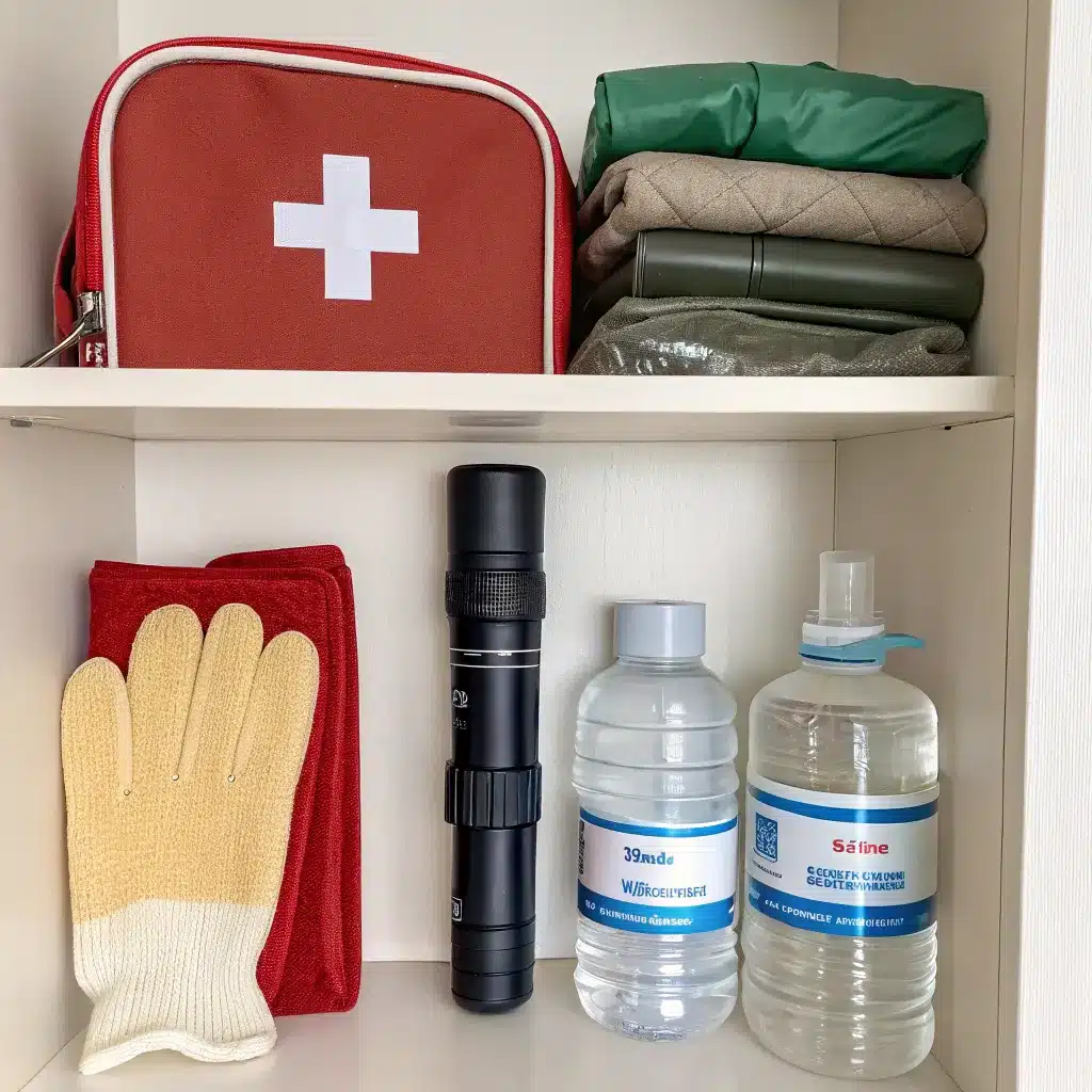 An organized shelf with an emergency kit containing a first aid bag, folded blankets, plastic bottle, flashlight, gloves, and towels.