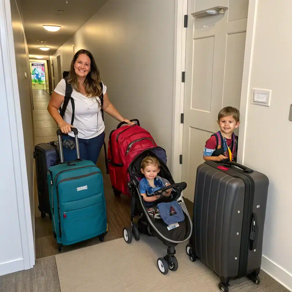 A woman with two children and luggage in a hallway.